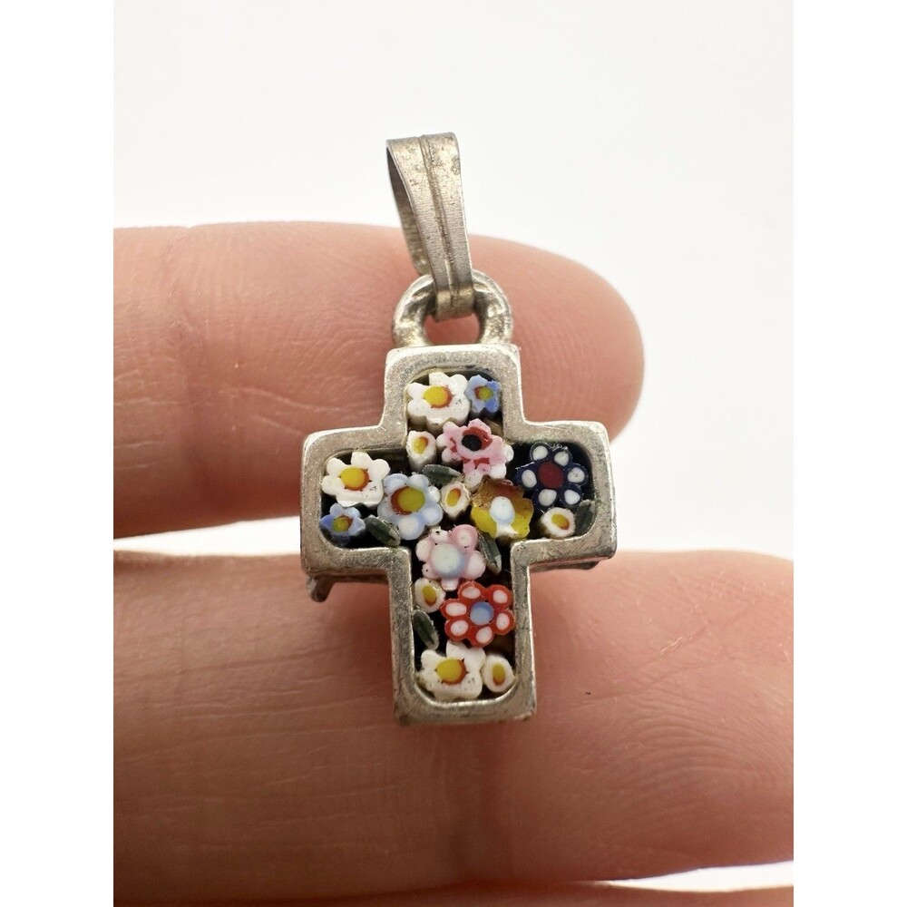 Vintage Italy Micro Mosaic Millefiori Flowers Cross Pendant Silver Tone